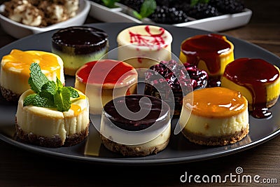 platter of mini cheesecakes in various flavors and colors Stock Photo