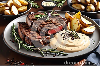 A platter of sizzling grilled steak garnished with rosemary sprigs, situated next to a heap of golden goodness Stock Photo