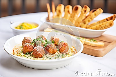 platter of spaghetti meatballs, garlic bread slices on side Stock Photo