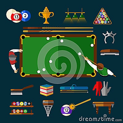 Play Billiards Flat Icon Set Vector Illustration