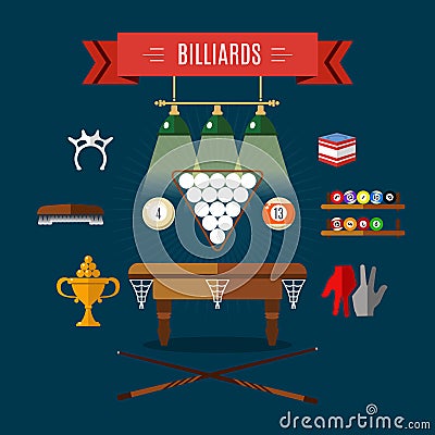 Play Billiards Flat Icon Set Vector Illustration