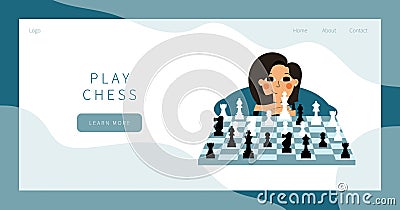 Play chess landing page. Cute girl plays chess. Vector Illustration