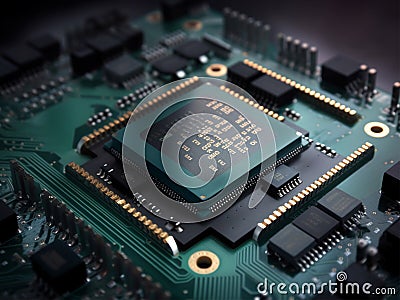 Chip set in motherboard, microchip in mainboard circuit board, computer graphics generative AI Stock Photo