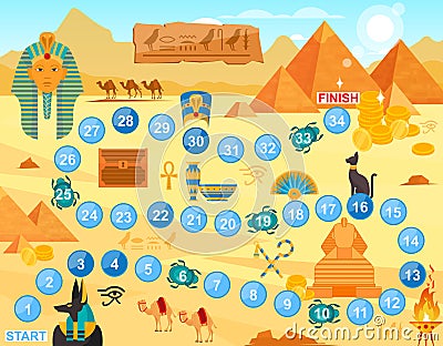 Play Egypt board game vector illustration, cartoon flat boardgame template with path way through Egyptian symbol to Vector Illustration