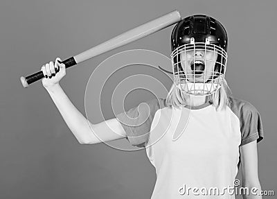 Play game for fun. Woman having fun during baseball game. Girl pretty blonde wear baseball helmet and hold bat on blue Stock Photo