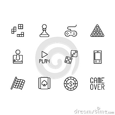 Play and game icon simple symbols set. Contains icon computer, board, intellectual, gambling card games, joystick, dice Vector Illustration