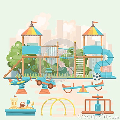 Play ground vector template in flat design. Preschool yard with toys Vector Illustration