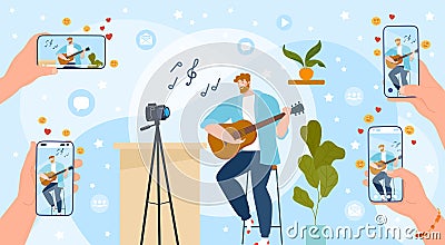 Play guitar online vector illustration, cartoon flat streamer vlogger, musician guitarist character playing guitar Vector Illustration