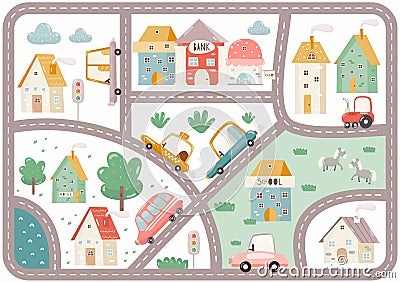 Play Mat for Kids. Cityscape with Cartoon Houses, Cars, Buildings School, Bank, Hotel, Cafe. Map with City Road. Vector Vector Illustration