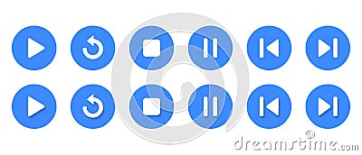 Play, replay, stop, pause, previous, and next track icon with shadow Vector Illustration