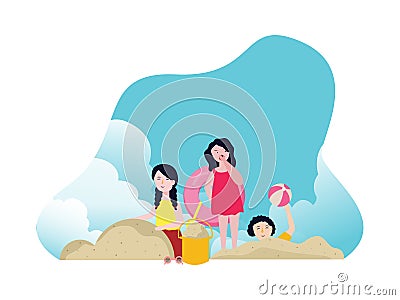 play with sand in outdoor activity recreation holiday travel summer vacation cute smile expression boy and girl kid Vector Illustration