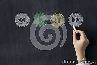 Play stop and rewind icons on blackboard Stock Photo