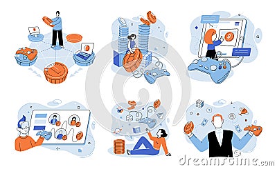 Play to earn. The play to earn concept blurs line between work and play, offering new paradigm for making money Vector Illustration