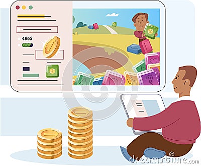 Play to earn concept with man playing computer game with character runs in forest for coins Stock Photo