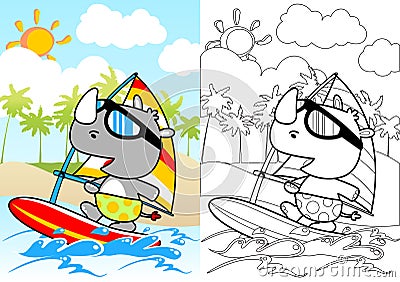 Rhino the windsurfer cartoon Vector Illustration