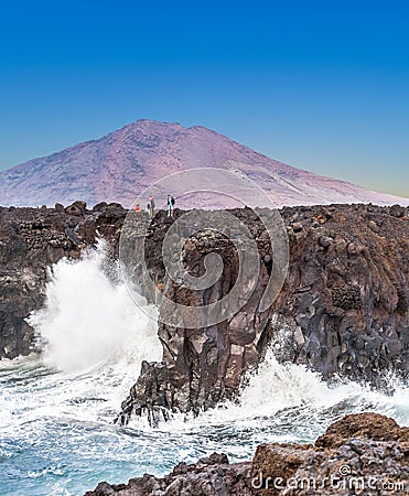 Coast at Los Hervideros with huge waves in Lanzarote Editorial Stock Photo