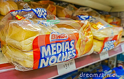 Bimbo Hot dog bread Medias Noches packaging supermarket in Mexico Editorial Stock Photo