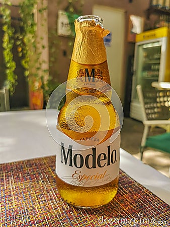 Modelo beer bottle in restaurant PapaCharly Playa del Carmen Mexico Editorial Stock Photo
