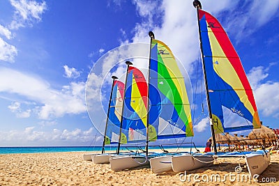 Catamarans on the beach of Playacar at Caribbean Sea Editorial Stock Photo