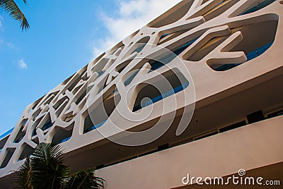 Playa del Carmen, Mexico, Riviera Maya: Facades of hotels against the blue sky Stock Photo