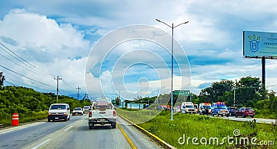 Serious car accident Crash between bus and cars motorway Mexico Editorial Stock Photo