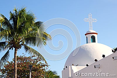 Playa del Carmen white Mexican church archs belfry Stock Photo