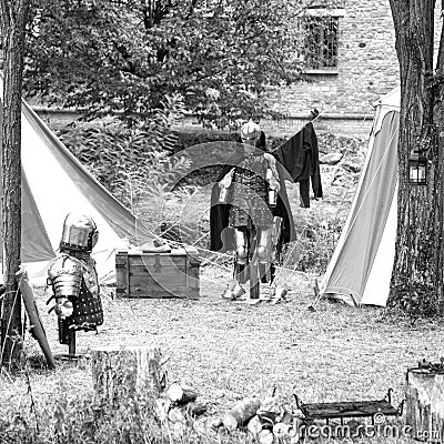 Playback of a medieval camp. Black and white photo Editorial Stock Photo