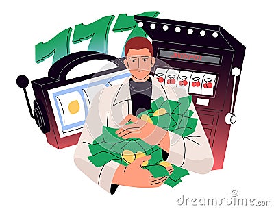 Player bets, plays slot or fruit machine. Lucky gambler holds money pile. Man won jackpot in online casino. Chance game Vector Illustration