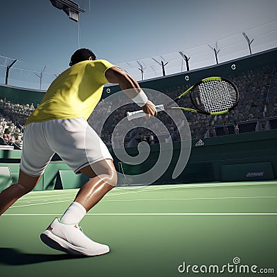 A player returns a serve with a backhand slice shot Hyper created with generative AI Stock Photo