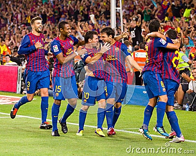 Players celebrating a goal Editorial Stock Photo
