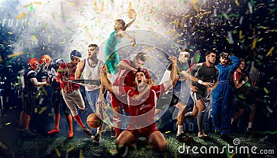 Players of different sports on the football stadium 3D rendering Stock Photo