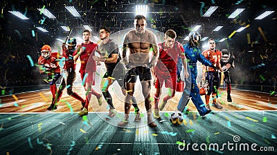Players of different sports on the vollayball stadium 3D rendering Stock Photo