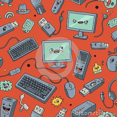 Playful, animated pattern featuring computer-related objects with cartoon faces Stock Photo