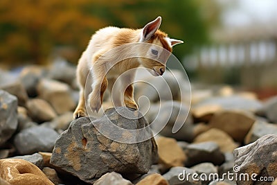 playful baby goat hopping on small stones Stock Photo