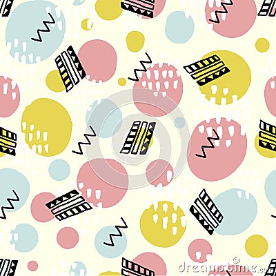 Playful background with simple geometry shapes, circles and hand marks. Pink, green and blue colors. Vector Illustration