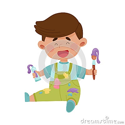 Playful Boy in Stained Clothes Sitting and Holding Paintbrush and Paint Vector Illustration Vector Illustration