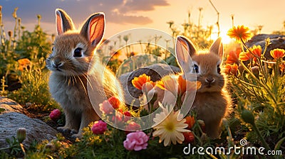 Playful Bunnies in a Colorful Meadow at Sunset Stock Photo