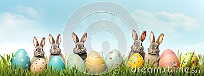 Playful bunnies with pastel pink blue yellow Easter eggs in green grass over clear sky Stock Photo