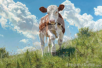 A playful calf trots through a lush green field, gazing curiously at the viewer against a backdrop of fluffy clouds. Cow. Farm Stock Photo