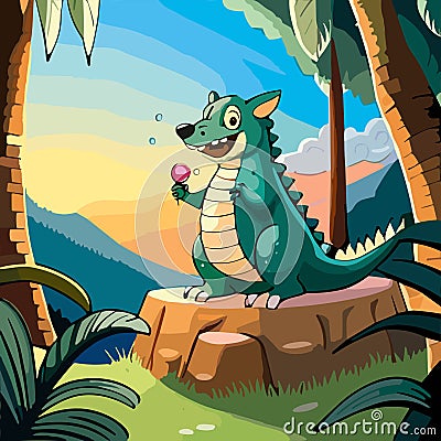 Playful Canine-Dragon in the Enchanted Jungle Vector Illustration