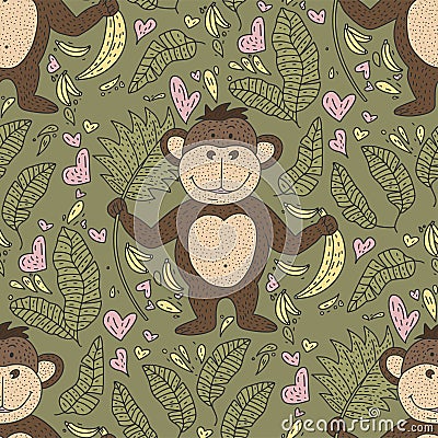 Seamlesss doodle color pattern for kids. Vector illustration. Playful card with doodle hand drawn a monkey, bananas and palm Vector Illustration