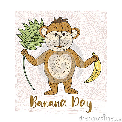 Playful vector card with doodle hand drawn a monkey, bananas and palm leaves. Vector Illustration