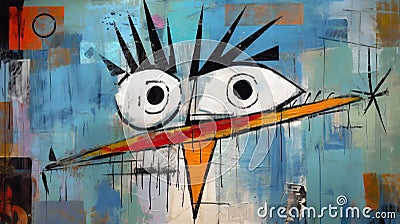 Abstract Painting Of A Bird With Blue Eyes In A Satirical Caricature Style Stock Photo