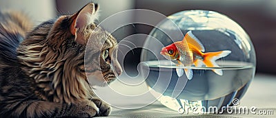 A Playful Cat Eagerly Watches A Fish Swimming In A Bowl Stock Photo