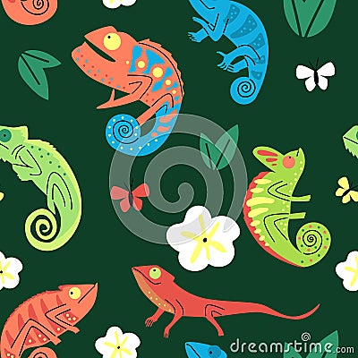 Playful chameleons and butterflies vector pattern Cartoon Illustration