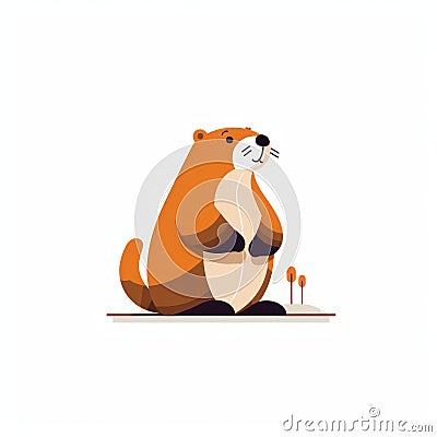 Minimalistic Landscape: Vibrant Beaver Design On White Background Cartoon Illustration