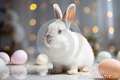 Playful and Charming Image of a White Rabbit Surrounded by Colorful Easter Eggs against a Soft, Blurred Background Stock Photo