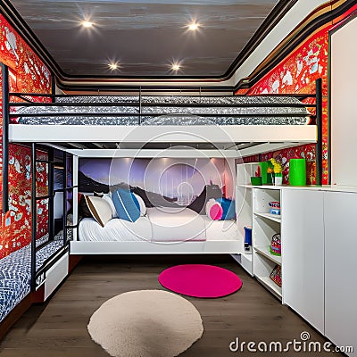 A playful, children's bedroom with bunk beds, vibrant wallpaper, and plenty of storage space5, Generative AI Stock Photo