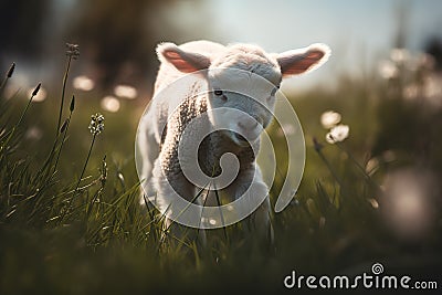 A playful and curious baby lamb frolicking in a field. Generative AI Stock Photo