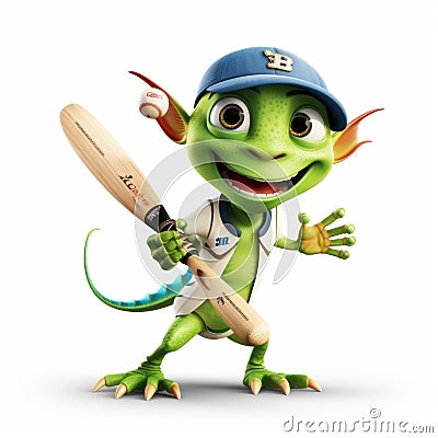 Playful 3d Pixar Cricket With Cute Green Lizard Holding Bat And Ball Stock Photo